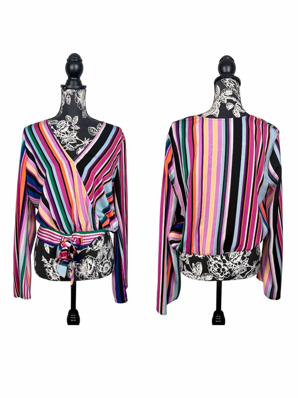 Express rainbow stripe cropped bell sleeve faux wrap top size medium